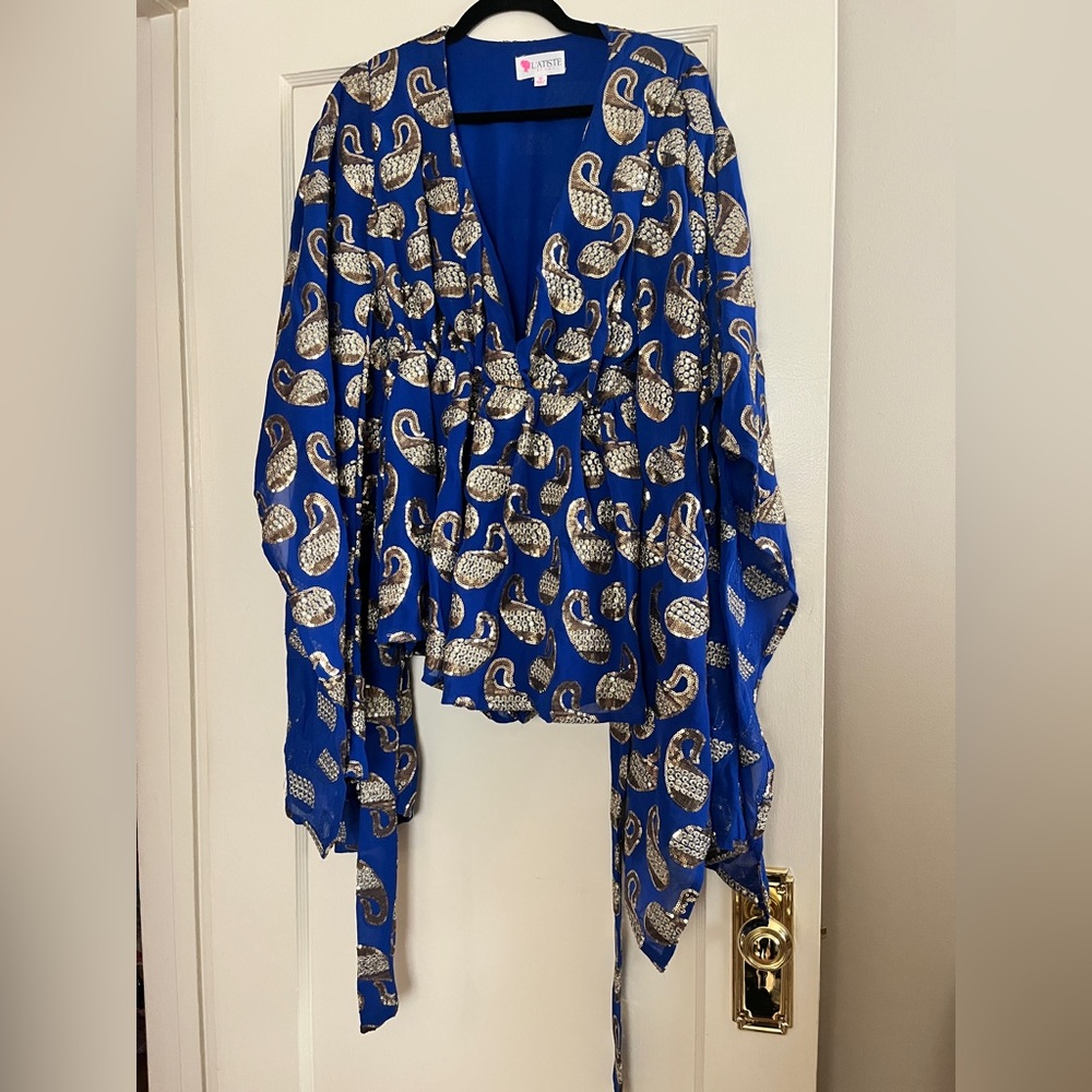 Blue and Gold Paisley Romper with Bell Sleeves - Size Medium
